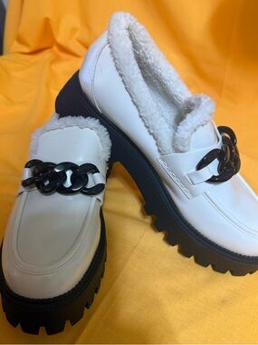 DV by Dolce Vita White Faux-Shearling Loafers with Black Chain Accent